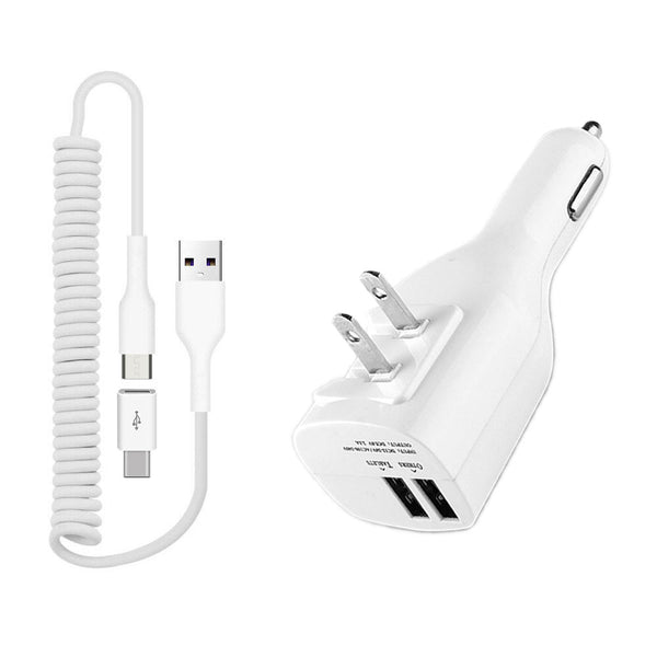 2-in-1 Car Home Charger, Folding Prongs Power Wire Charger Cord Micro-USB to USB-C Adapter Coiled USB Cable - MBKK12